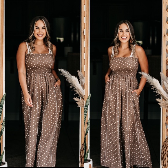 Pants & Jumpsuits Tab Brown Polka Dot Jumpsuit Pant Suit Baby Shower